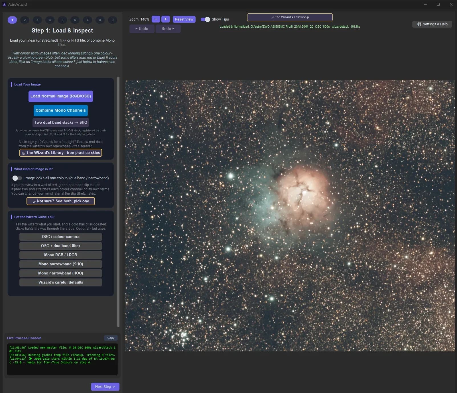 L'étape 1 d'AstroWizard, avec M 20 chargée depuis StackingWizard
