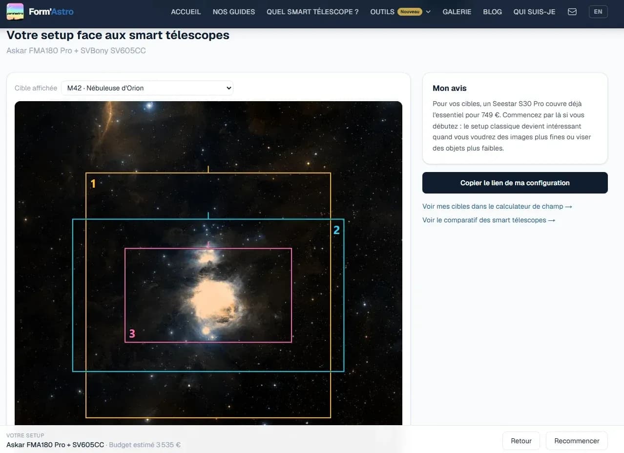 Résultat sur M42 : le setup (1), le Seestar S30 Pro (2) et le Seestar S50 Pro (3)
