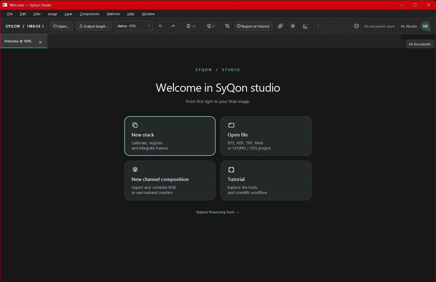 L'écran d'accueil de SyQon Studio