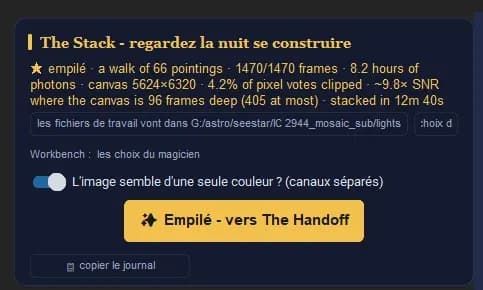 Le résultat de l'empilement : 1470 poses sur une toile de 5624 × 6320 pixels en 12 min 40 s