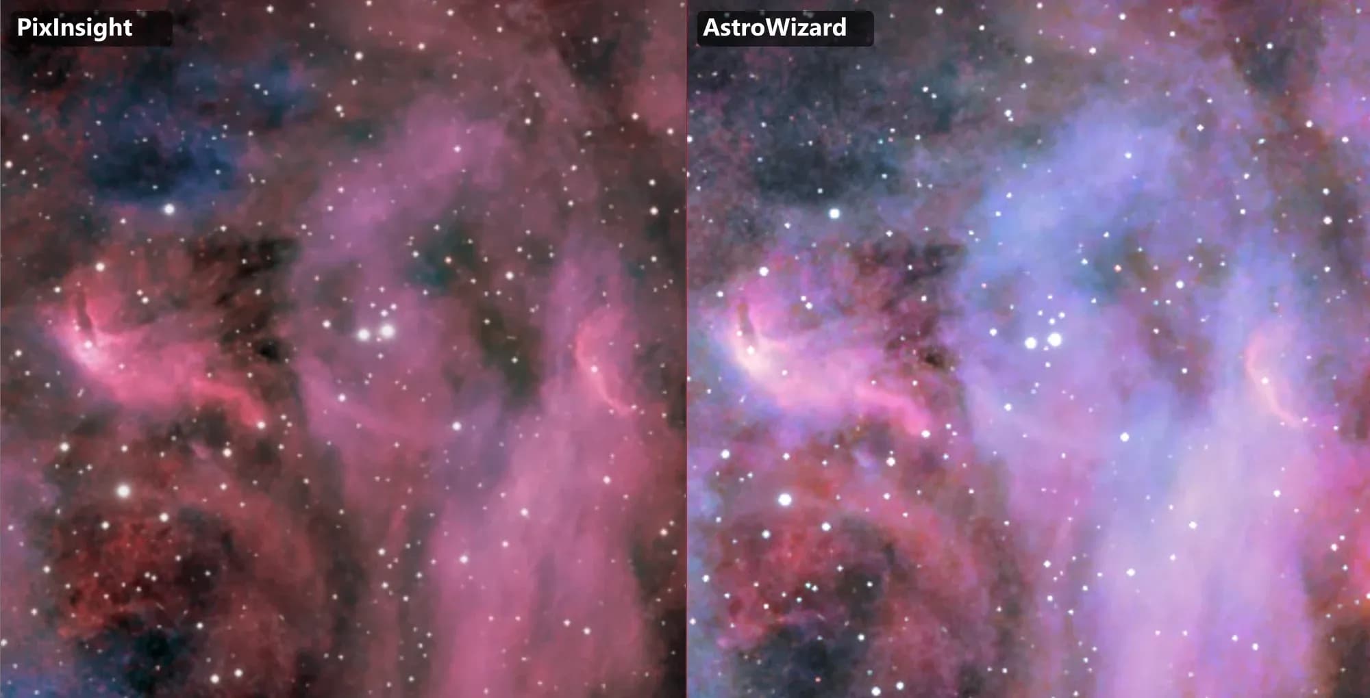 Gros plan sur le cœur d'IC 2944 : PixInsight à gauche, AstroWizard à droite